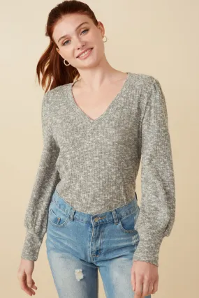 Layered Look Womens Textured V Neck Speckled Rib Knit Top