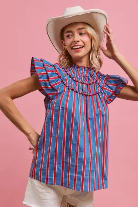 IP6671S-29 | STRIPE WOVEN TOP WITH RUFFLES Hooded Comfort Fit Smart Design