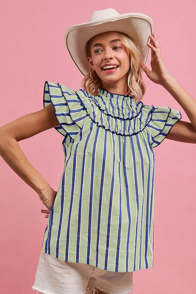 Wind Chill Protection Unisex Casual Fit IP6671S-29 | STRIPE WOVEN TOP WITH RUFFLES