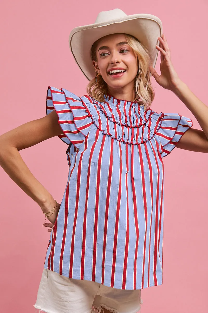 IP6671S-29 | STRIPE WOVEN TOP WITH RUFFLES AllDay Comfort Design Non Bulky Insulation Tech