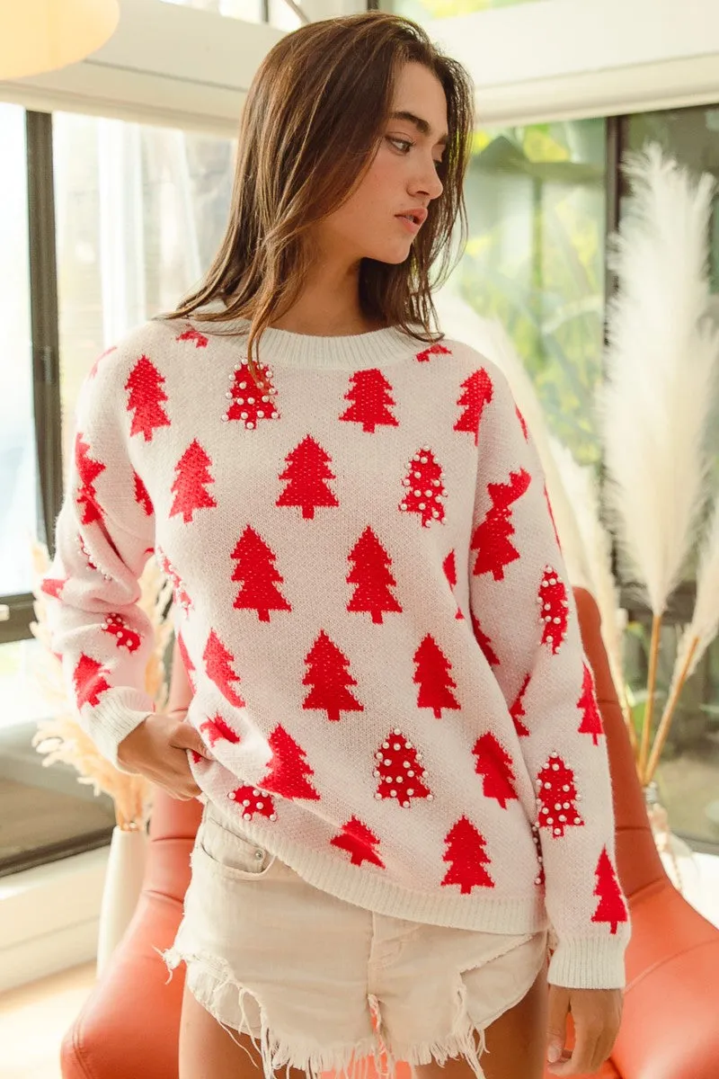 StaticDissipativeFabric IP5685J-17 | PEARL BEADS TREE PATTERN CHRISTMAS SWEATER
