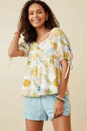 Textured Weave Fleece Pullover Textured Botanical Print Shirred Front Top