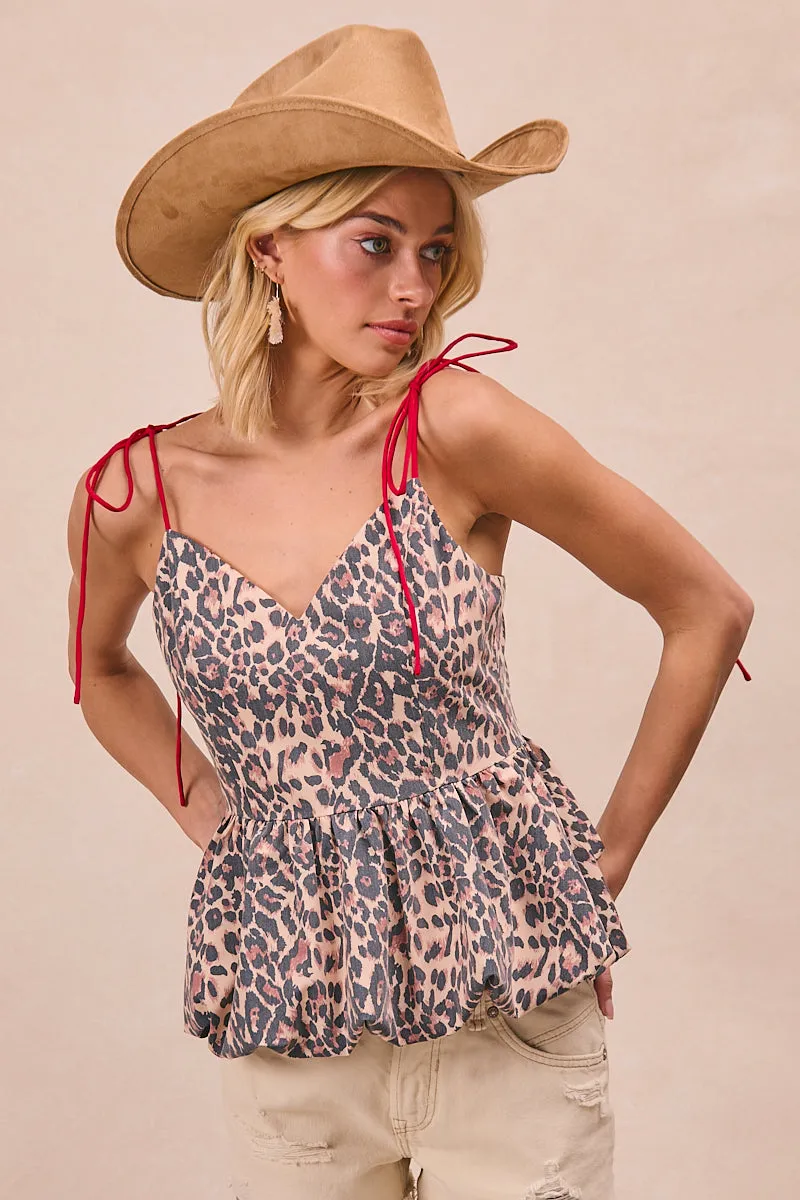 IT4395-01 | LEOPARD PRINTED BUBBLE HEM CONTRAST SHOULDER TIED TOP Lightweight Comfort