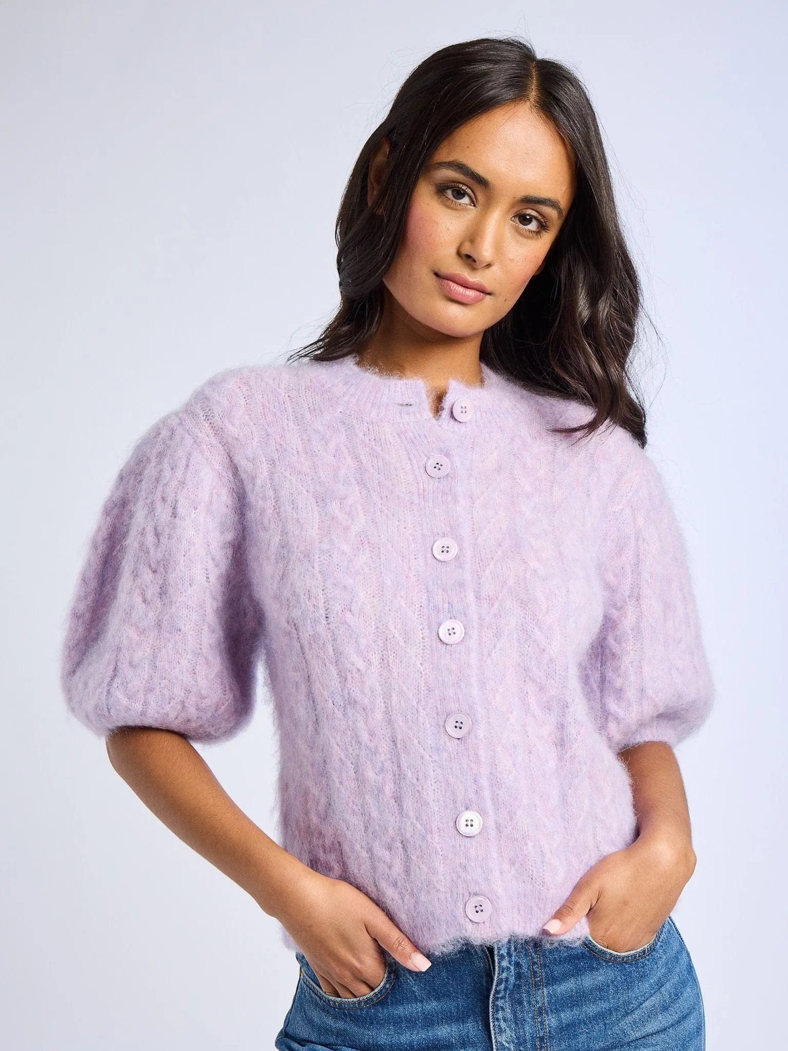Isa Cardigan in Lilac Brushed Microfiber Surface