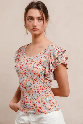 IT3763G-02P | FLORAL PRINT RUFFLE SLEEVES JERSEY TOP Layered Neckline