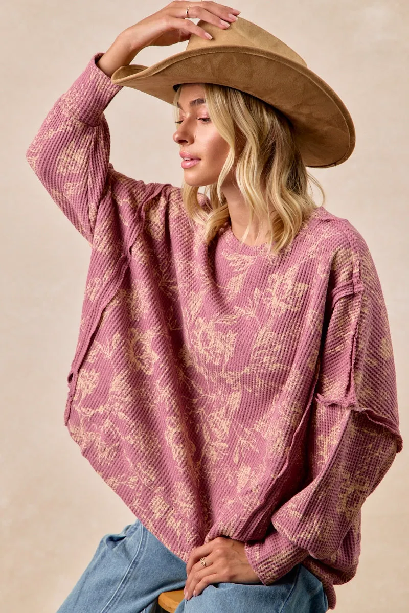 SiliconeGrip IT3426G-17 | FLORAL PRINT WASHED WAFFLE THERMAL SWEATSHIRT