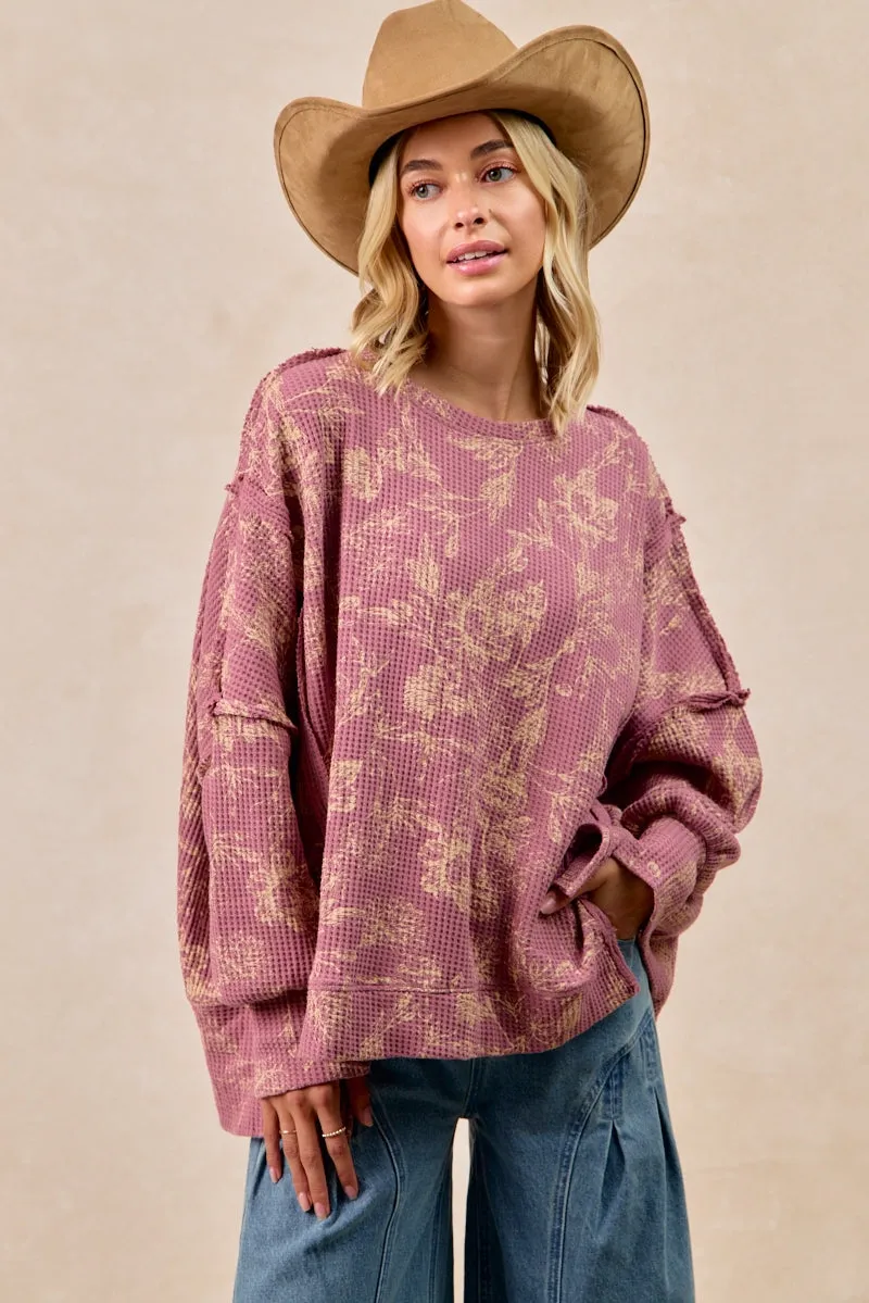 DoubleLayeredCuffs IT3426G-17 | FLORAL PRINT WASHED WAFFLE THERMAL SWEATSHIRT