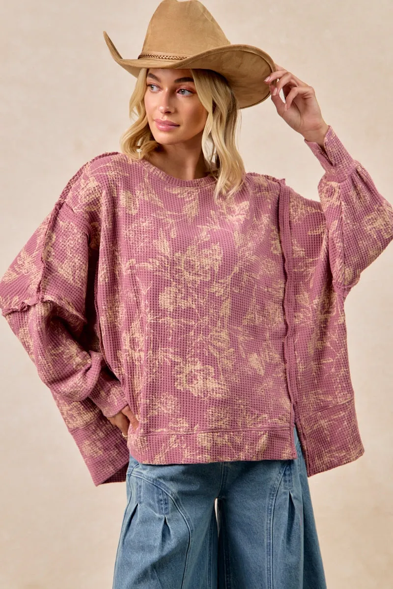 IT3426G-17 | FLORAL PRINT WASHED WAFFLE THERMAL SWEATSHIRT Weekend Casual Travel Layer