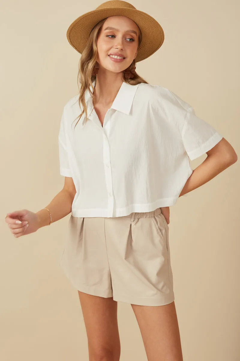 Reinforced Shoulder Panels Textured Boxy Fit Cropped Button Up Shirt