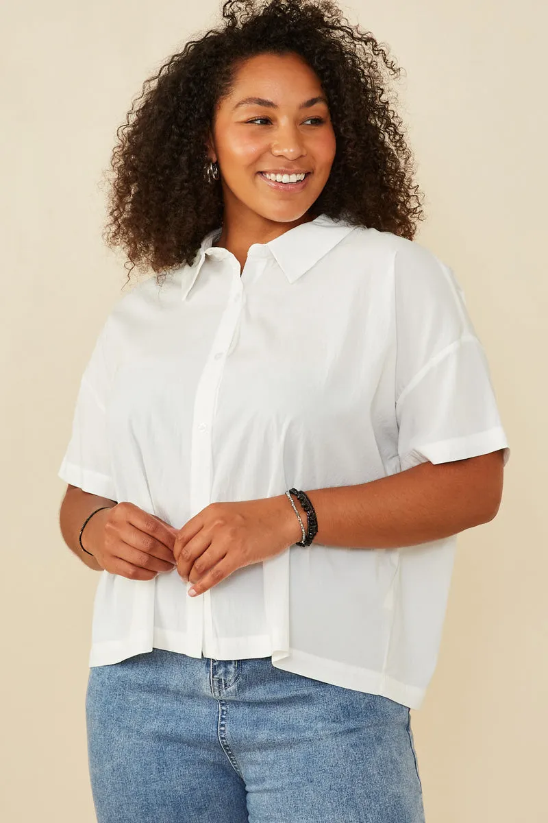 AllDayComfortFit Organic Cotton Blend Textured Boxy Fit Cropped Button Up Shirt
