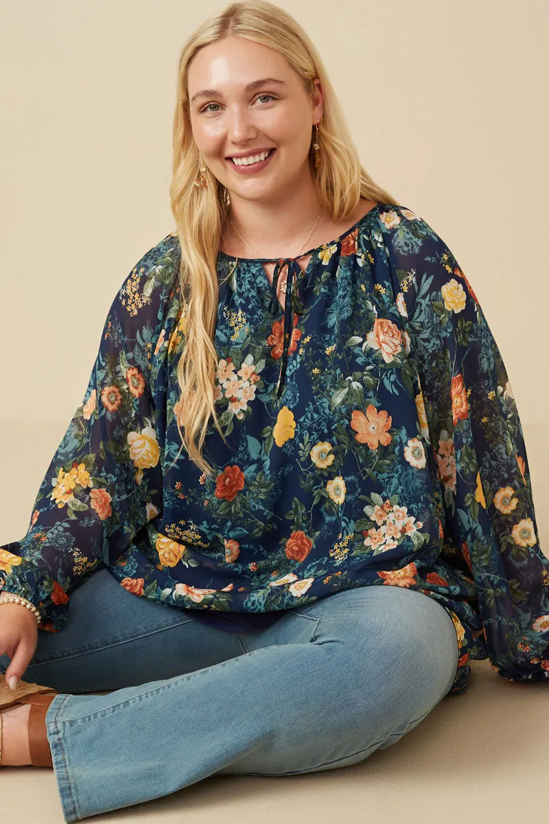 Mixed Floral Tie Detail Top Cozy Wear BrushedInnerLining