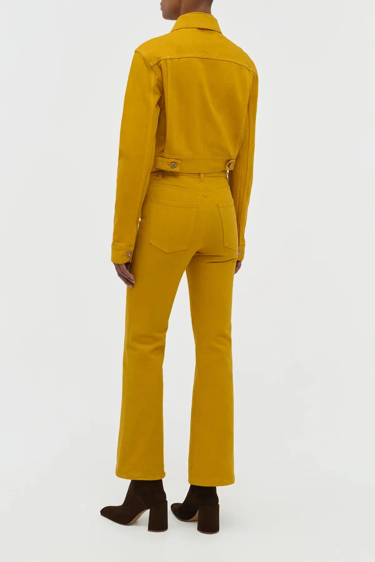 FlexibleRibbedTrims Versatile Layering Piece Ezra Bootcut Cropped Jean in Golden Birch Recycled Cotton Denim