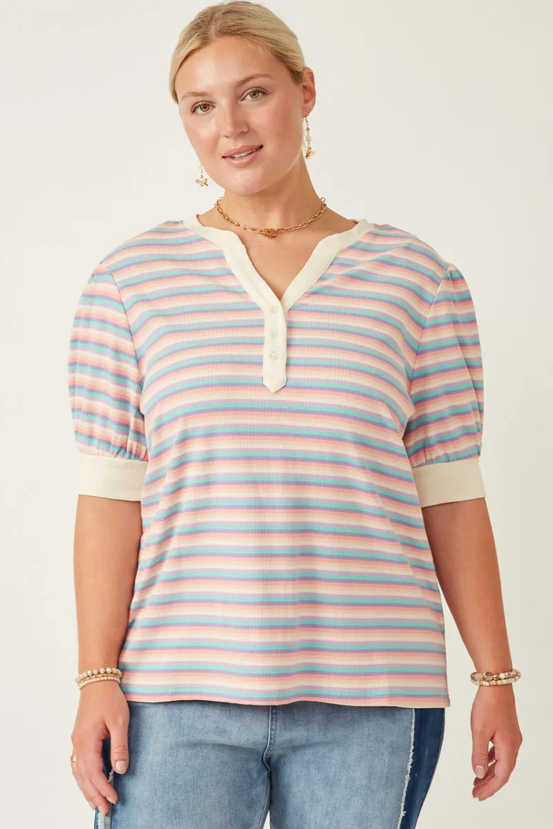 Architectural Tailoring Rolled Hem Detailing Contrast Banded Button Detail Ribbed Knit Stripe Top