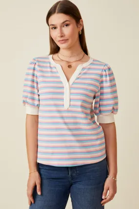 Soft Texture Contrast Banded Button Detail Ribbed Knit Stripe Top
