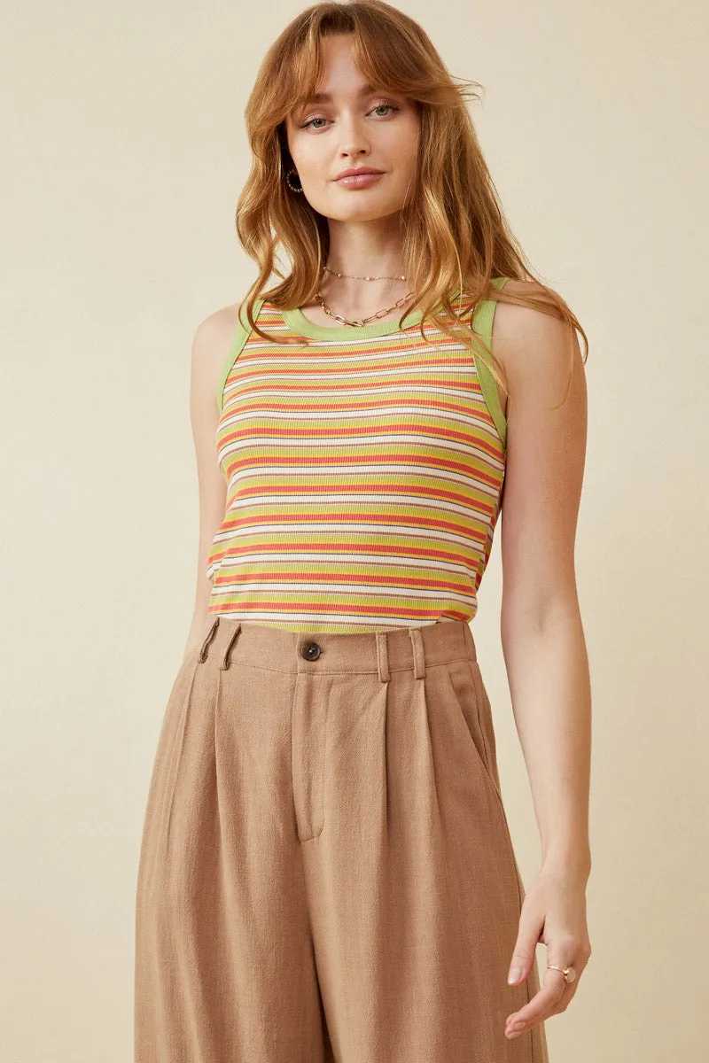 Contrast Binding Striped Knit Ribbed Tank WrinkleFree Weaving Easy Care Fabric