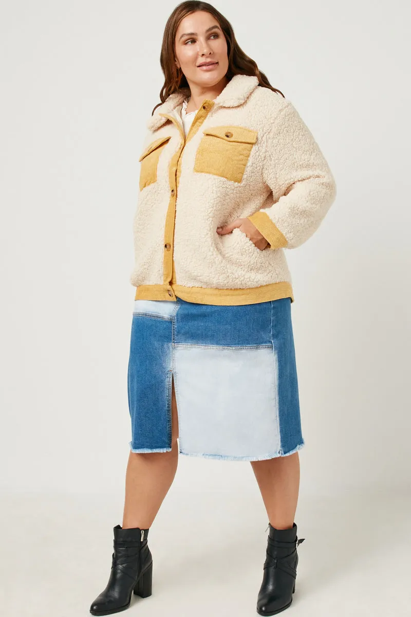 Contrast Corduroy Trimmed Button Up Sherpa Jacket Survival Use