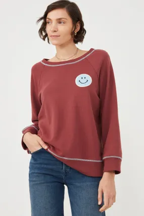 Contrast Stitch Smiley Patch French Terry Sweatshirt Four Way Stretch Fabric High Neck Design
