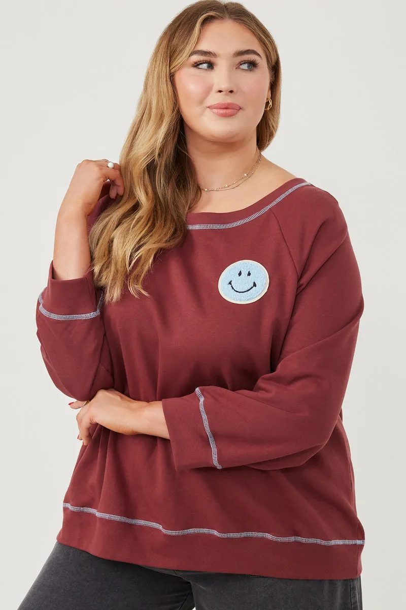 Contrast Stitch Smiley Patch French Terry Sweatshirt Buttery Soft Handfeel Water resistant coating