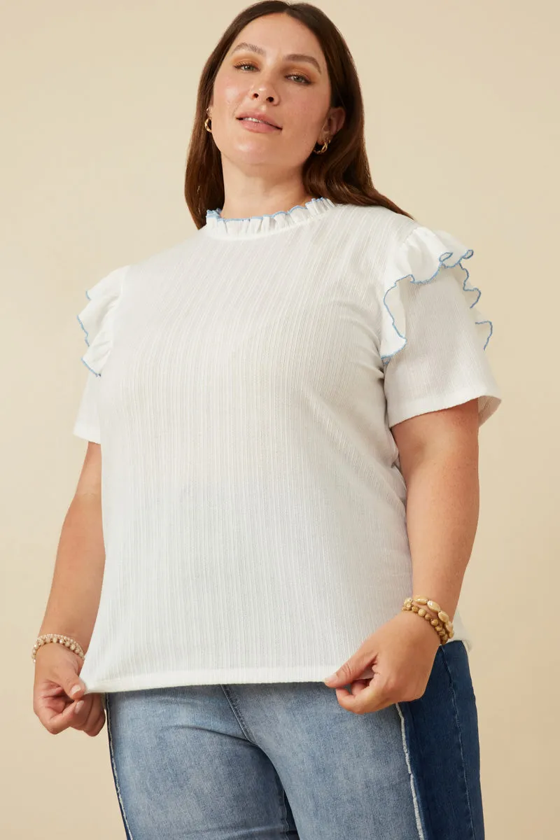 Stylish Outfit WaffleWeave Contrast Tipped Ruffled Ribbed Knit Top