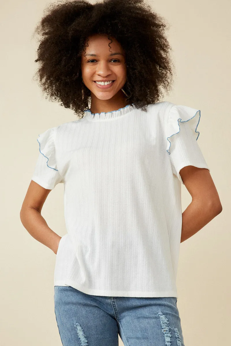 Contrast Tipped Ruffled Ribbed Knit Top Button Down Collar Style