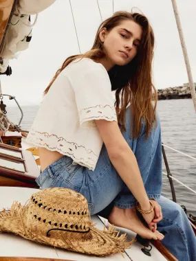 Sara Top in White Embroidered Linen Non Irritating Seams SoftKnit