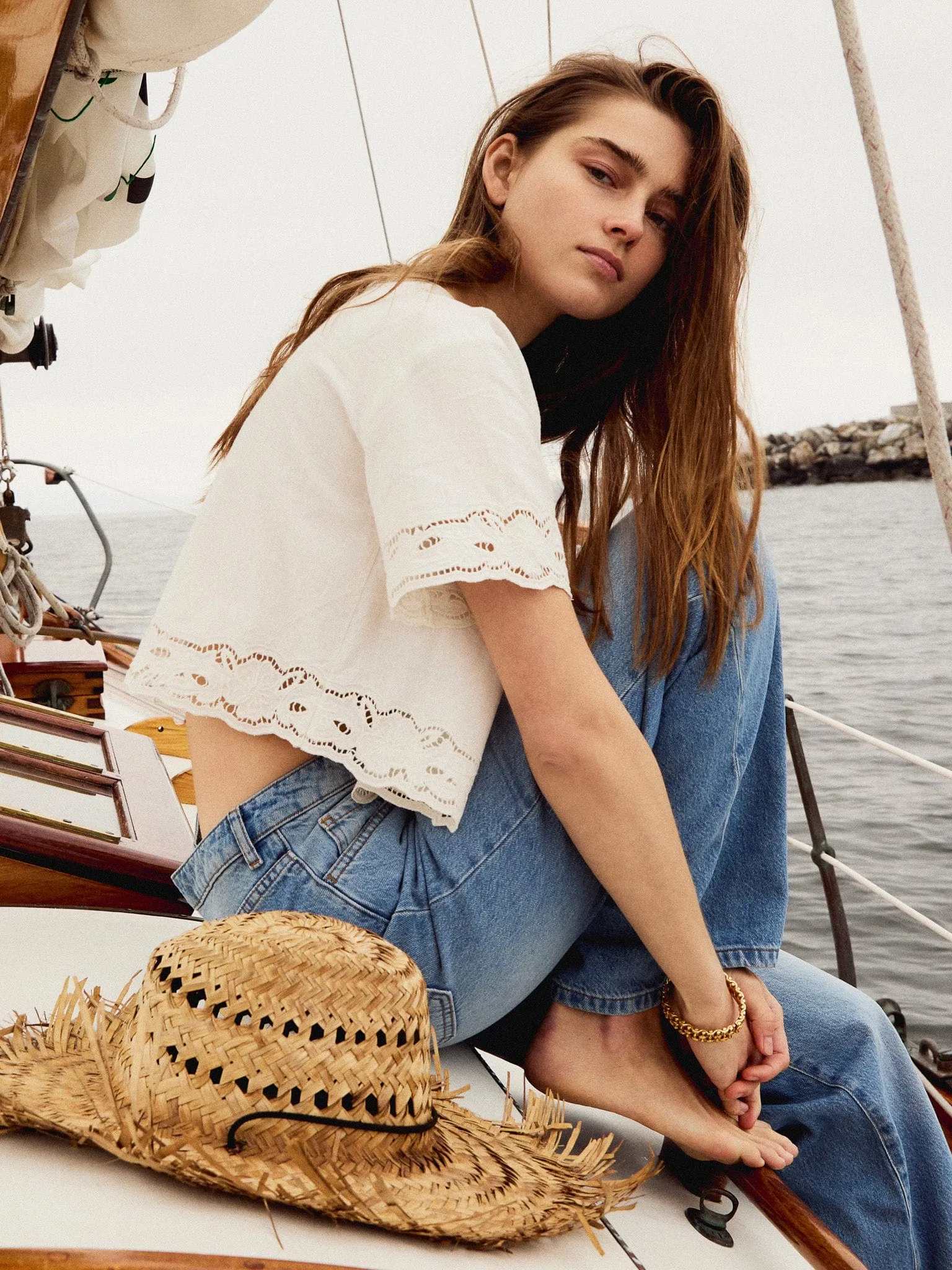 Sara Top in White Embroidered Linen Non Irritating Seams SoftKnit