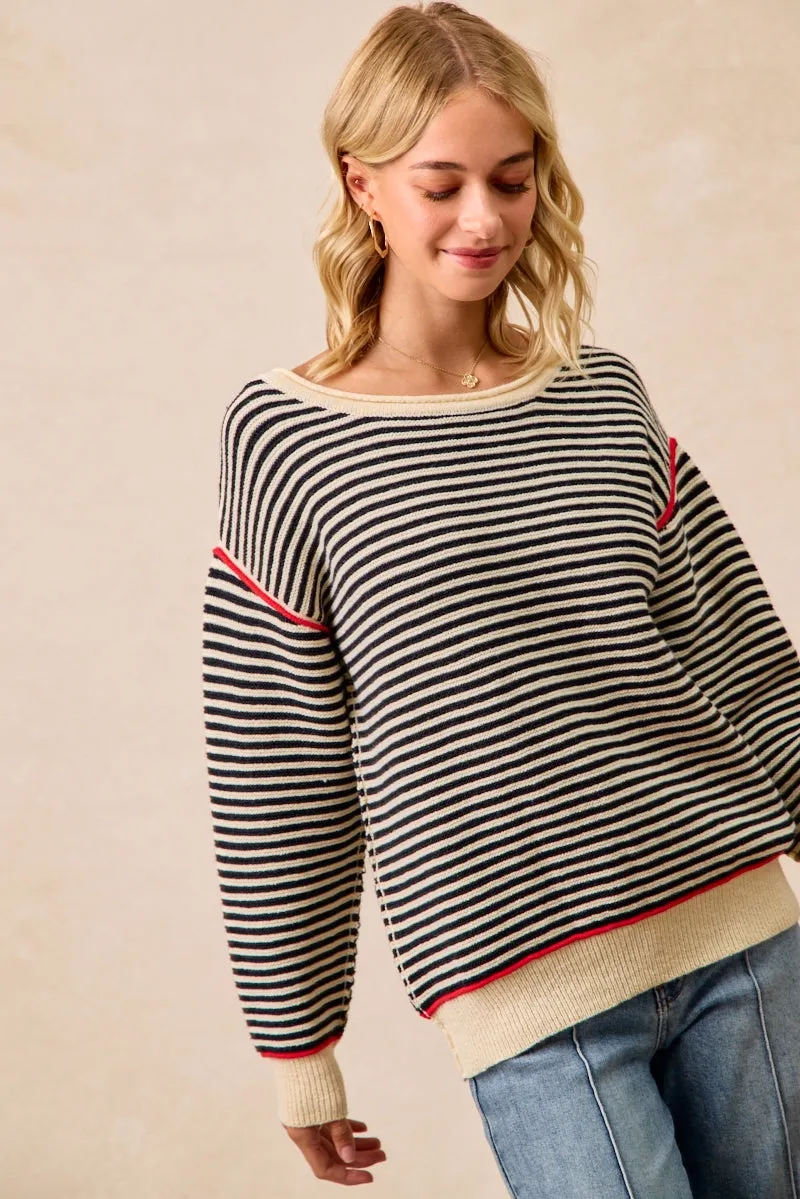 Glossy Finish IT4686S-01 | STRIPE KNIT CONTRAST BINDING TOP