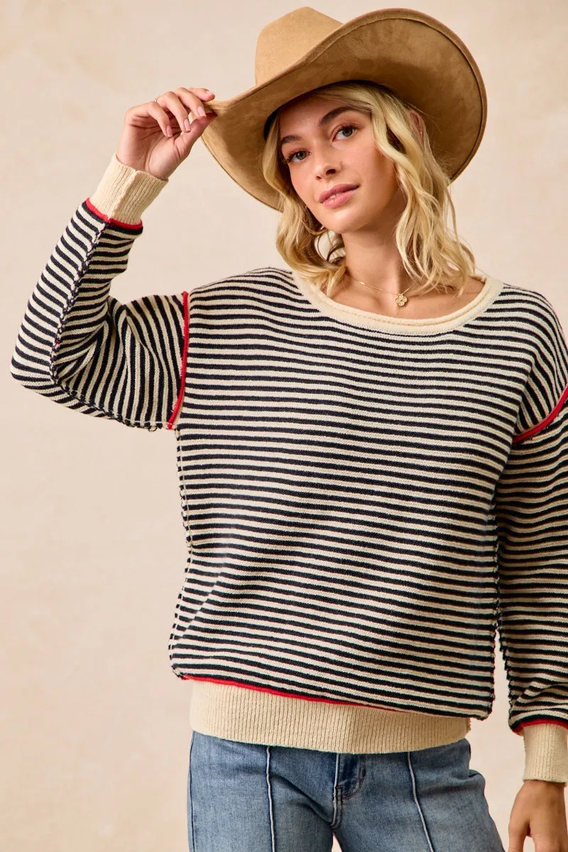 Temperature Regulating Fill IT4686S-01 | STRIPE KNIT CONTRAST BINDING TOP