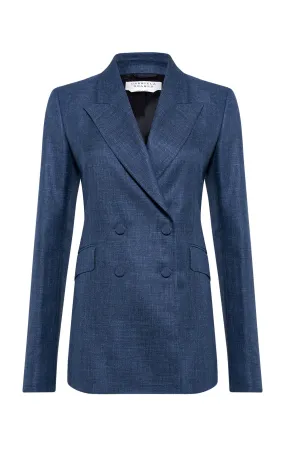 Ribbed Knit Fabric Ergonomic Shoulder Cut Angela Blazer in Denim Virgin Wool Silk with Linen