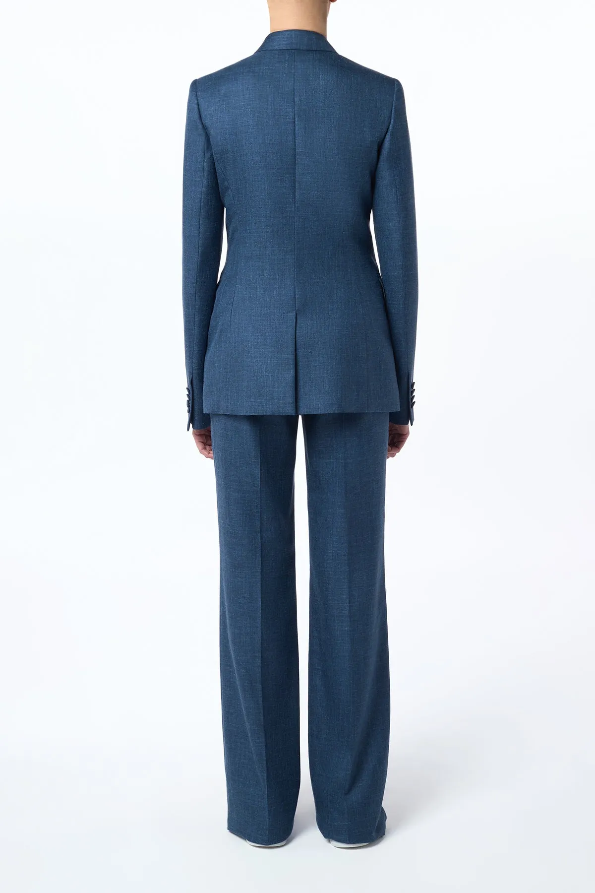 Tapered Side Panels Angela Blazer in Denim Virgin Wool Silk with Linen