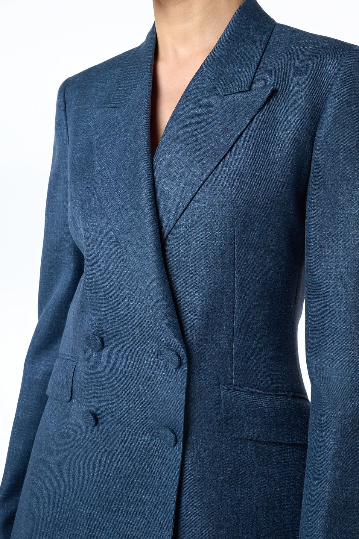Smooth Interior Lining LongSleeve Angela Blazer in Denim Virgin Wool Silk with Linen