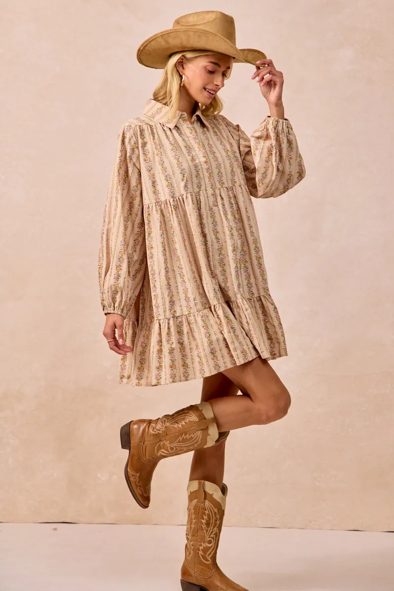 Packable Feature Magnetic Closure Options ID2029G-09 | FLORAL PRINT SHIRRING HALF BUTTONED SHIRT DRESS