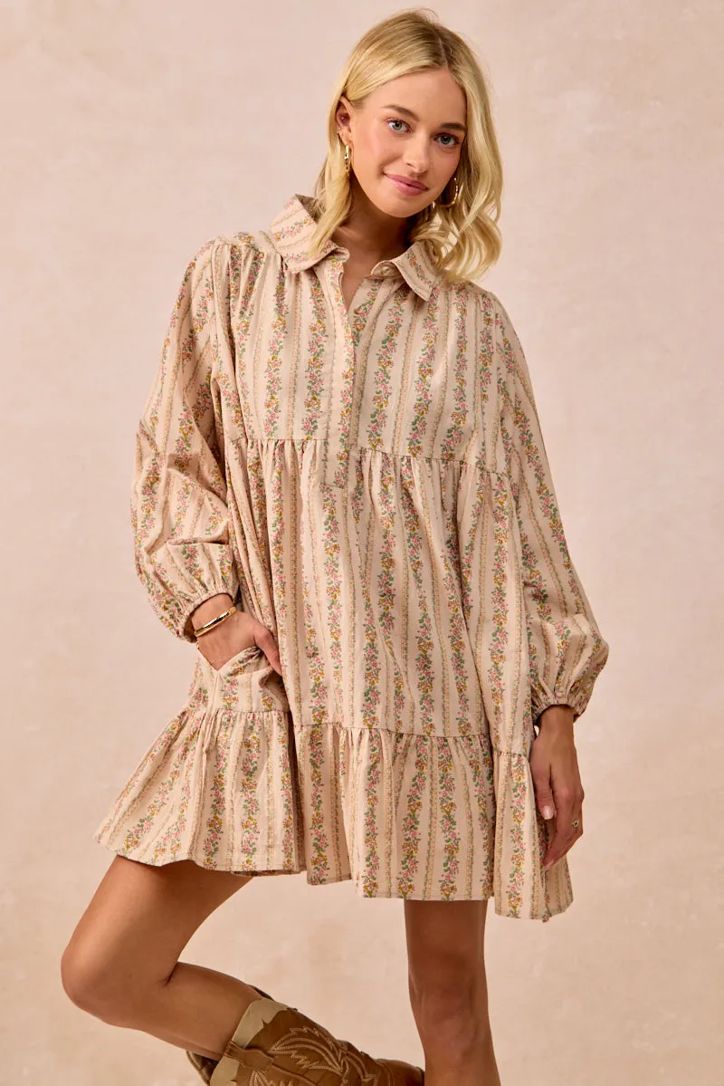 ID2029G-09 | FLORAL PRINT SHIRRING HALF BUTTONED SHIRT DRESS Wind Resistant Coating