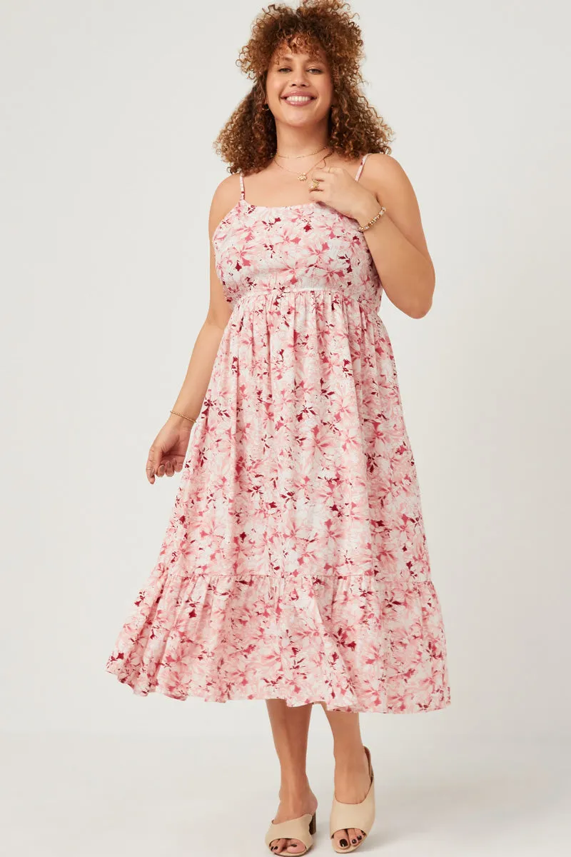 Satin Touch Floral Back Smocked Tiered Tank Dress