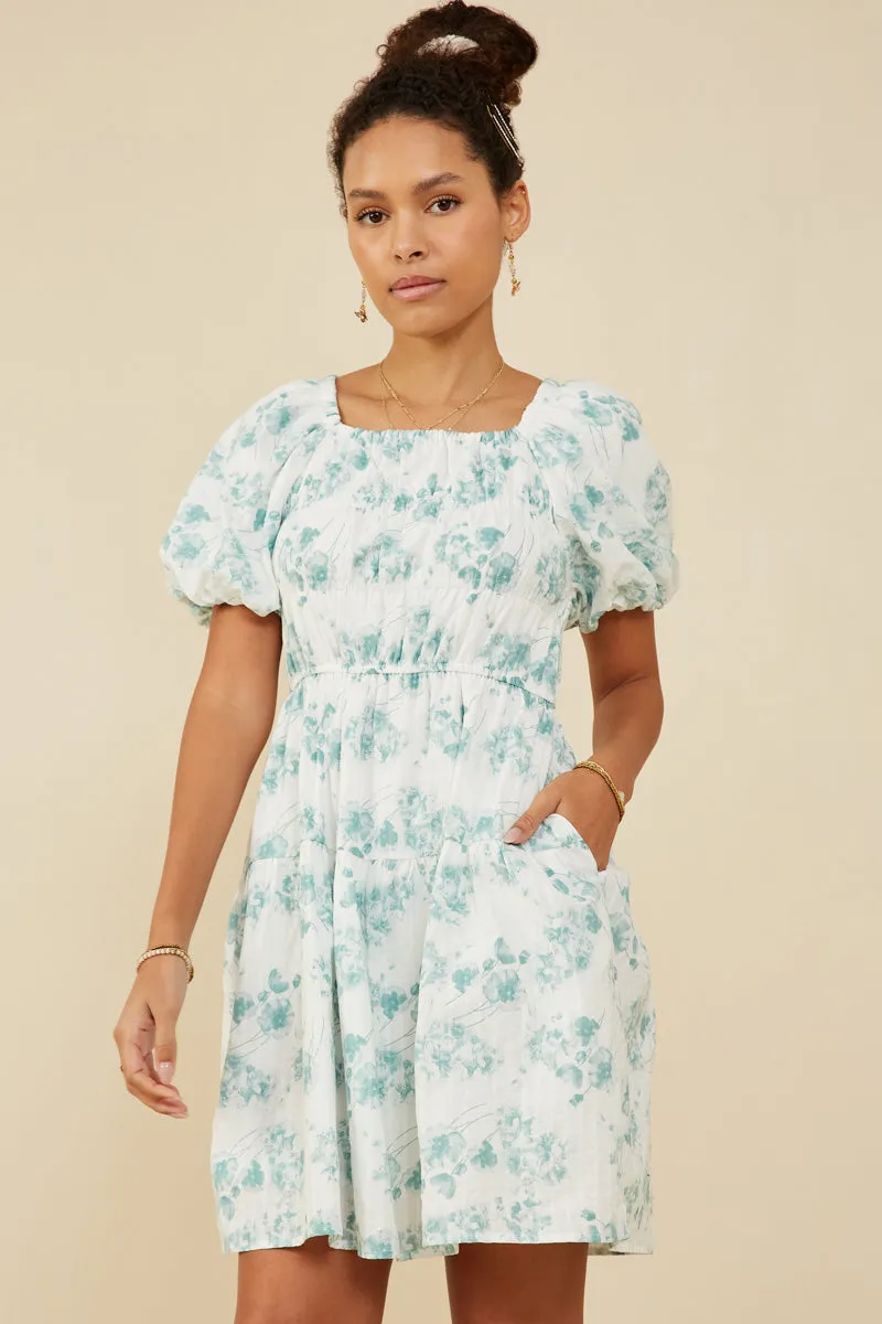 Textured Floral Puff Sleeve Self Tie Dress Water-resistant Button-Cuff