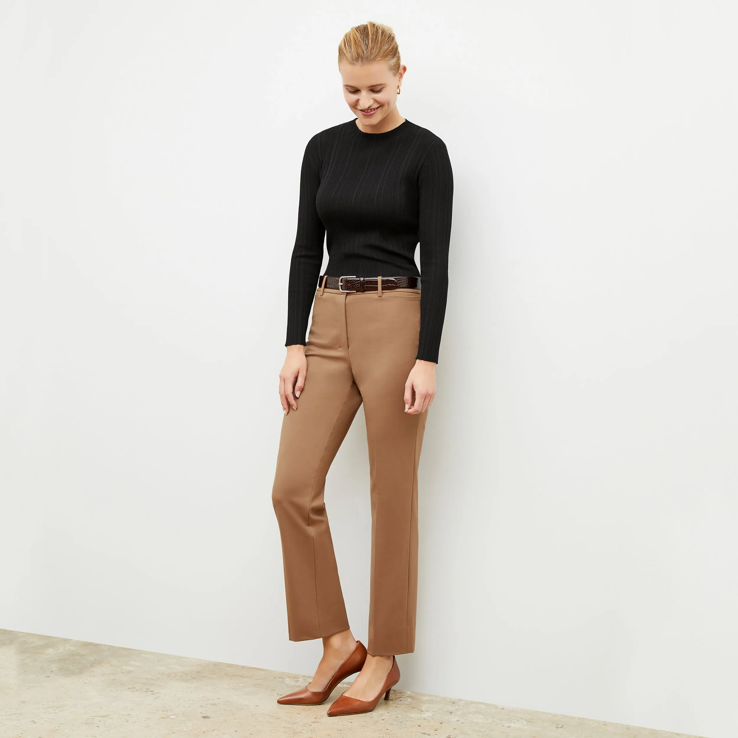 Smith Straight Trouser - Washable Wool Twill :: Camel Effortless Style LaserCut Edges Yarn Dyed Stripes