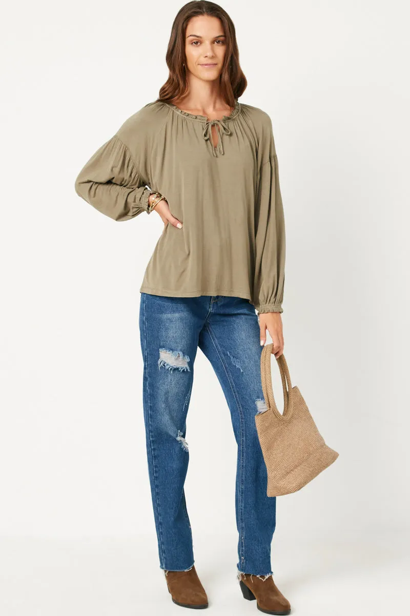 Flowy Ruffled Neck and Cuff Tie Neck Knit Top HighDensity Weave HypoallergenicConstruction