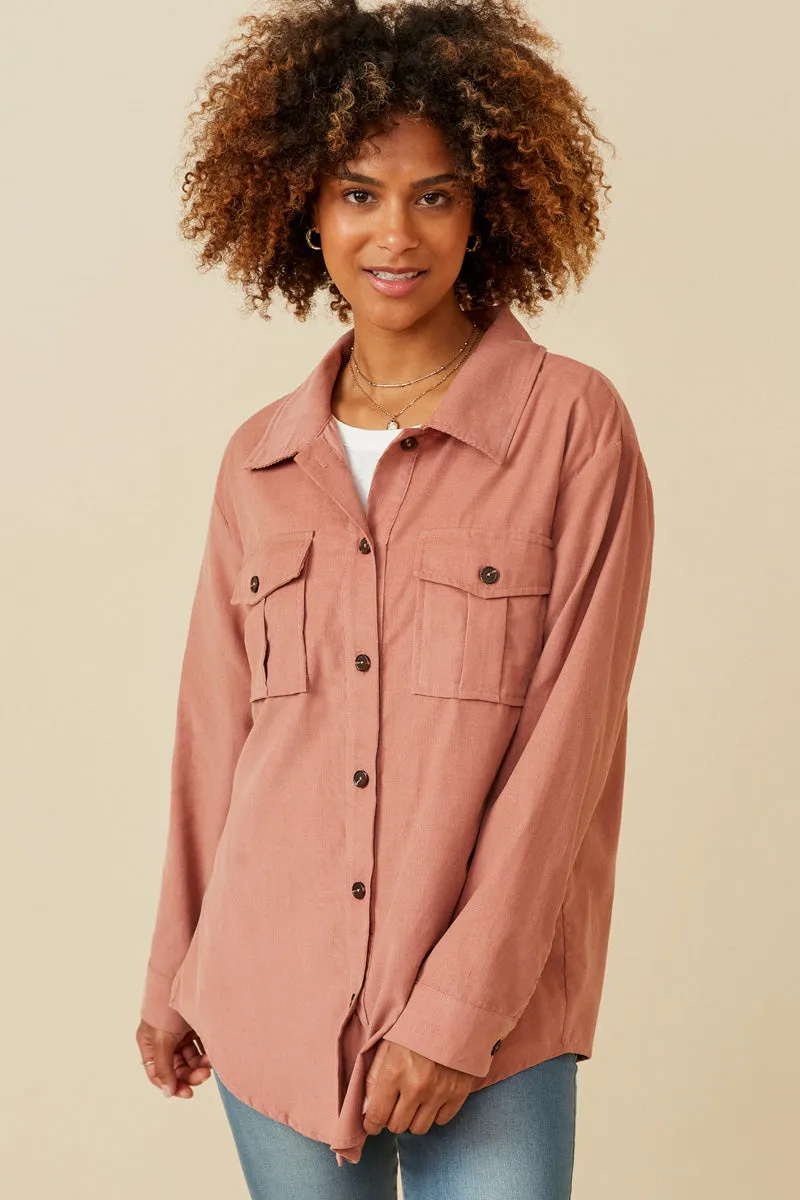 Corduroy Patch Pocket Button Up Shirt FlexibleElasticatedEdging