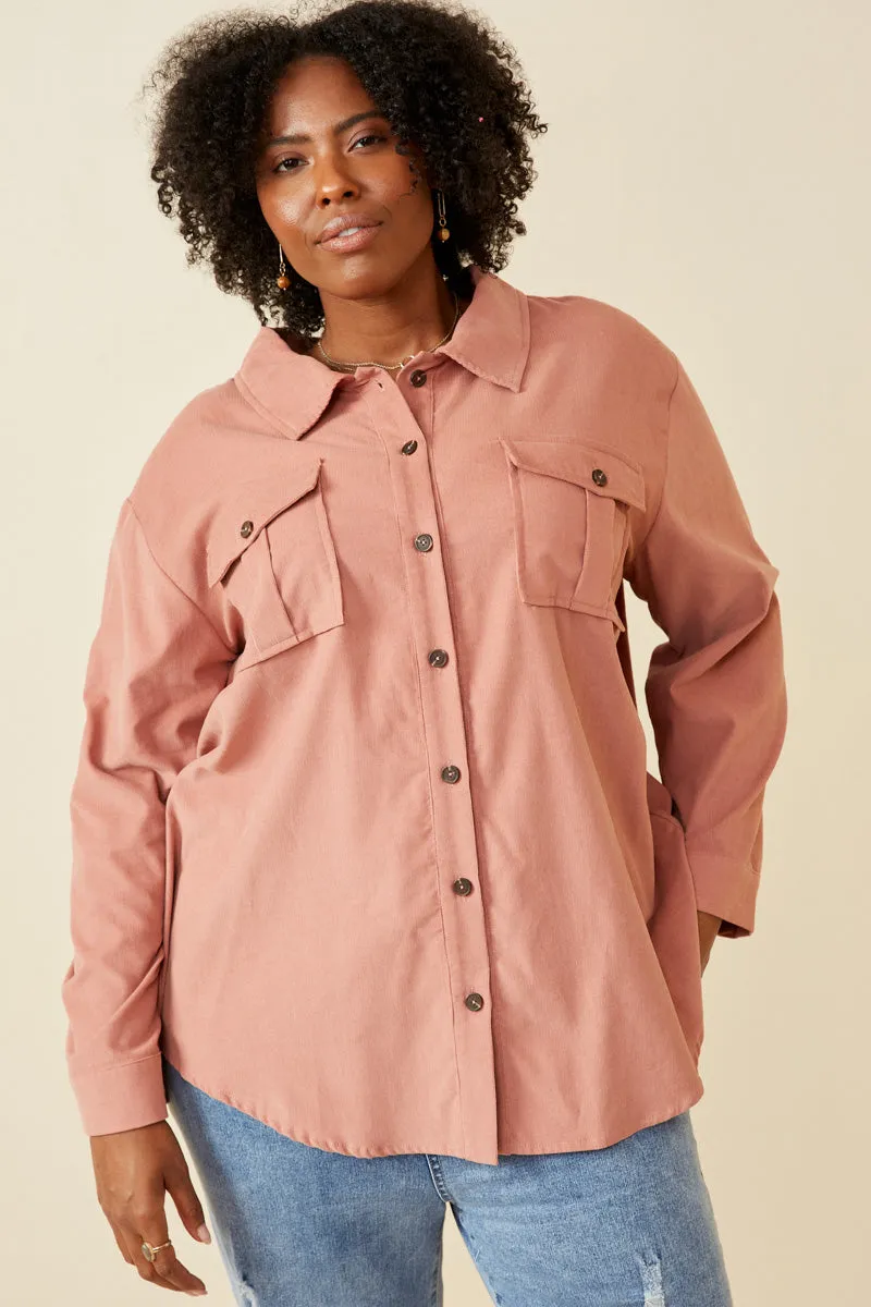 Flowy Tunic Corduroy Patch Pocket Button Up Shirt