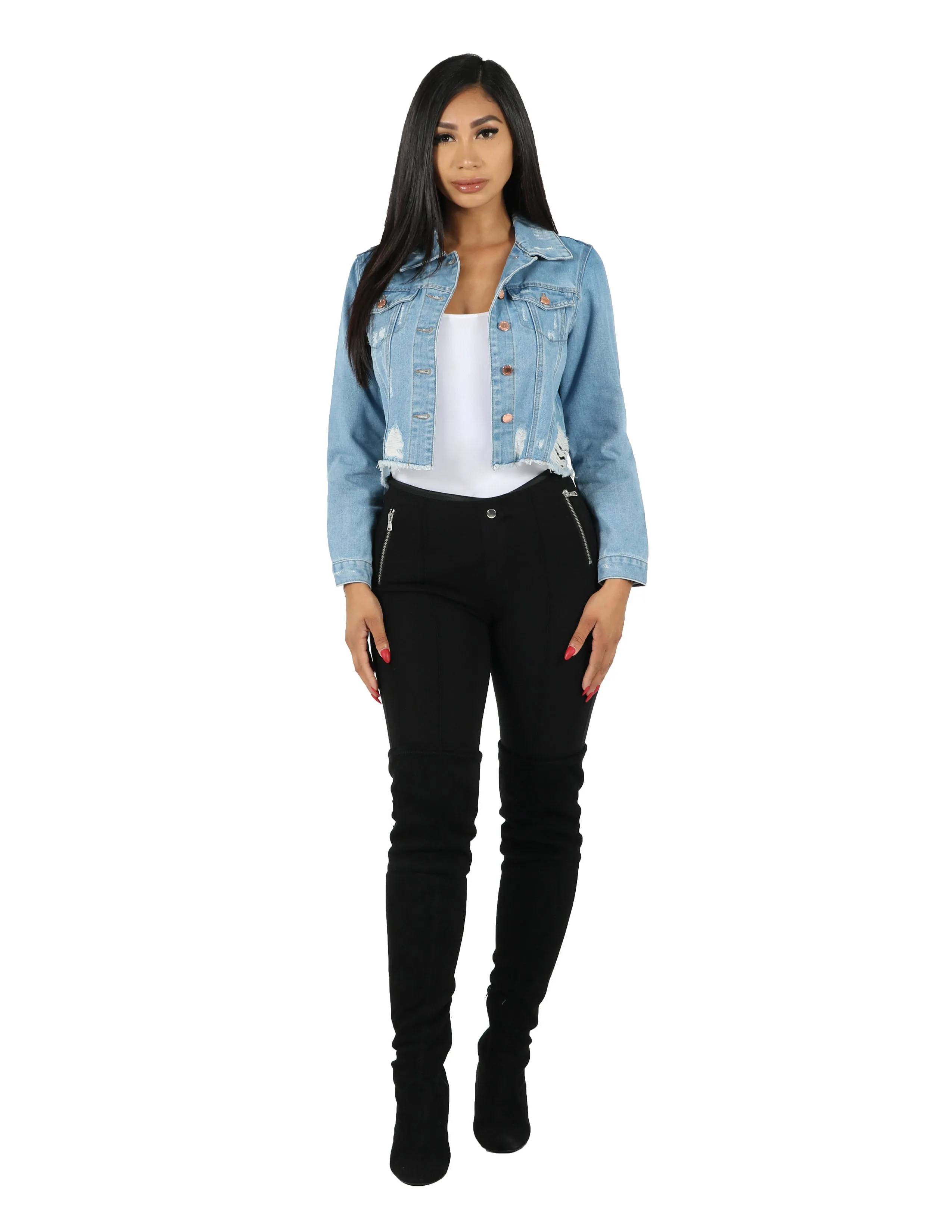 Quick Release Fasteners Crop Fray Boy Denim Jacket w/ Destroy