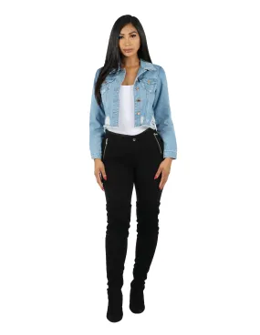 Flexible Knit Crop Fray Boy Denim Jacket w/ Destroy