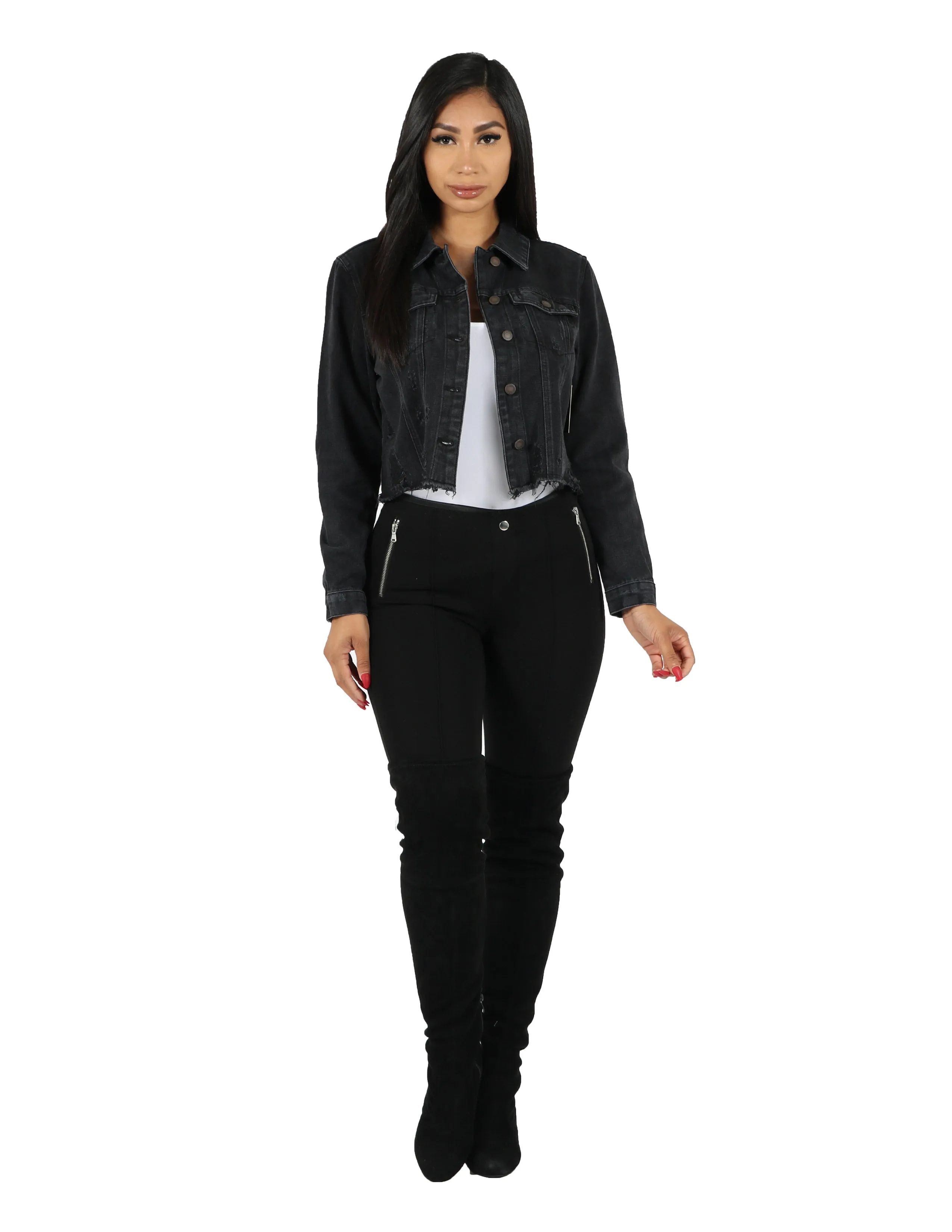 FullLengthZip ReinforcedStressPoints Crop Fray Boy Denim Jacket w/ Destroy