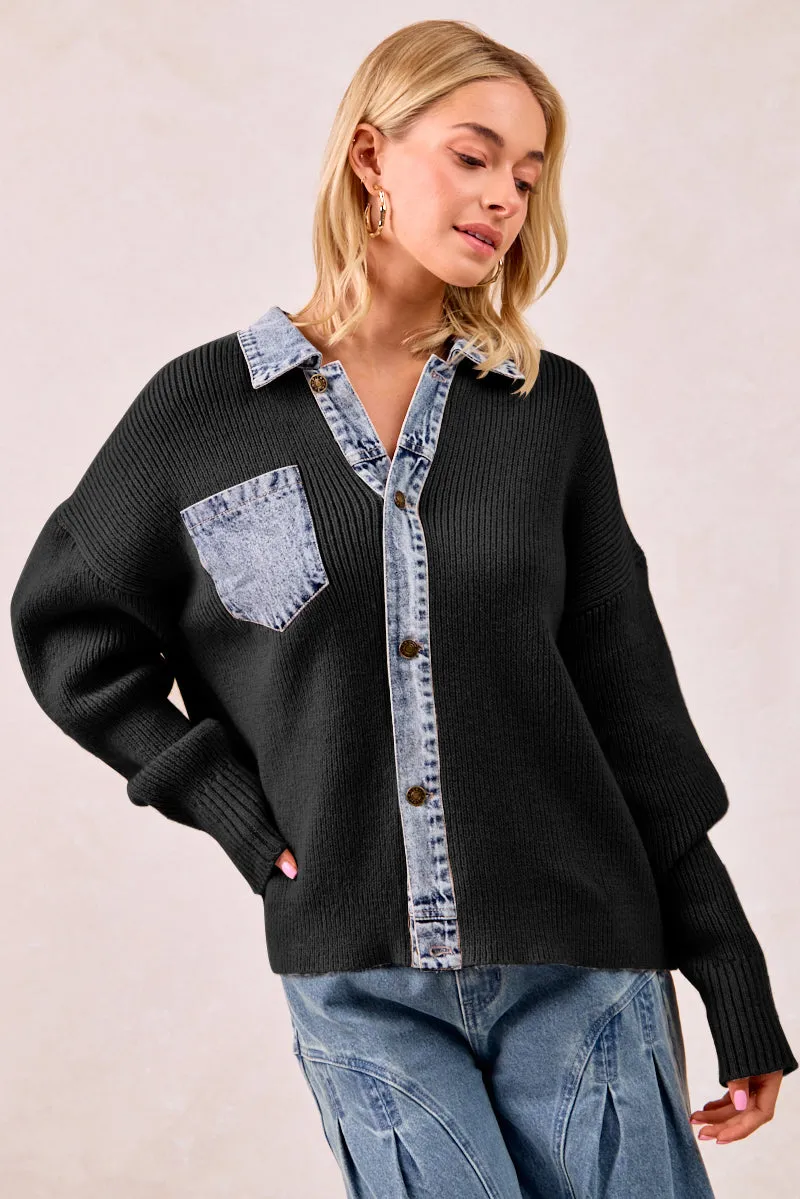 IT4420G-01 | WASHED DENIM MIX AND MATCH BUTTONED SWEATER TOP Relaxed City Style