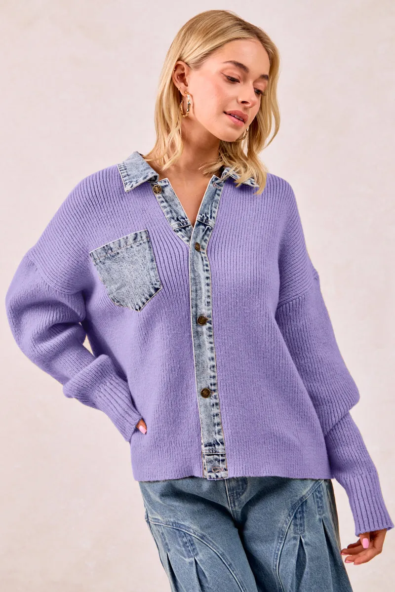 IT4420G-01 | WASHED DENIM MIX AND MATCH BUTTONED SWEATER TOP AntiStatic Lining Chic Urban