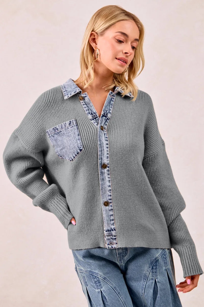 TemperatureRegulating IT4420G-01 | WASHED DENIM MIX AND MATCH BUTTONED SWEATER TOP