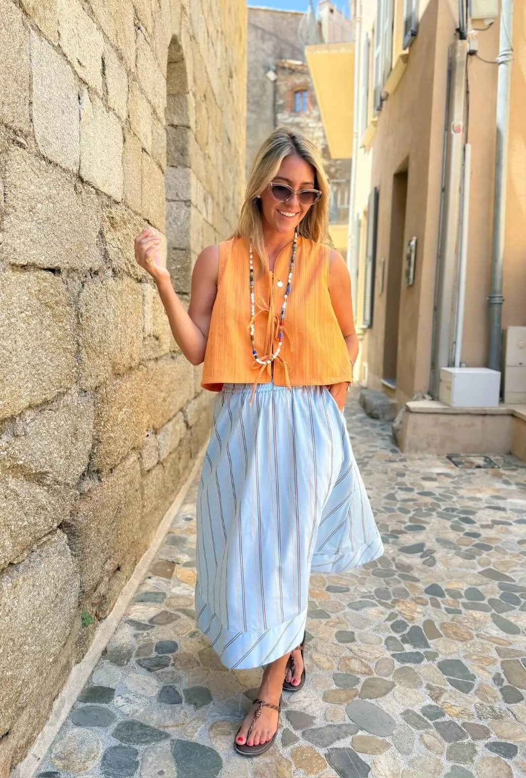 ThermalLining Buru x Megan Stokes Everyday MIDI Skirt  - Blue & Brown Stripe