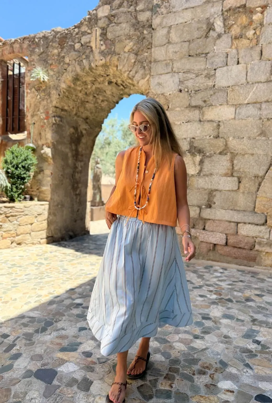 RecycledPolyester Formal Blouse Buru x Megan Stokes Everyday MIDI Skirt  - Blue & Brown Stripe