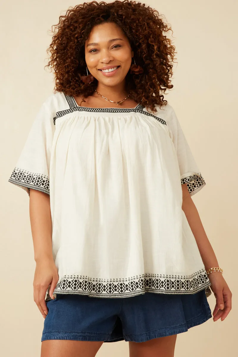 Cotton Slub Textured Embroidered Square Neck Top NonChafeCollarTech