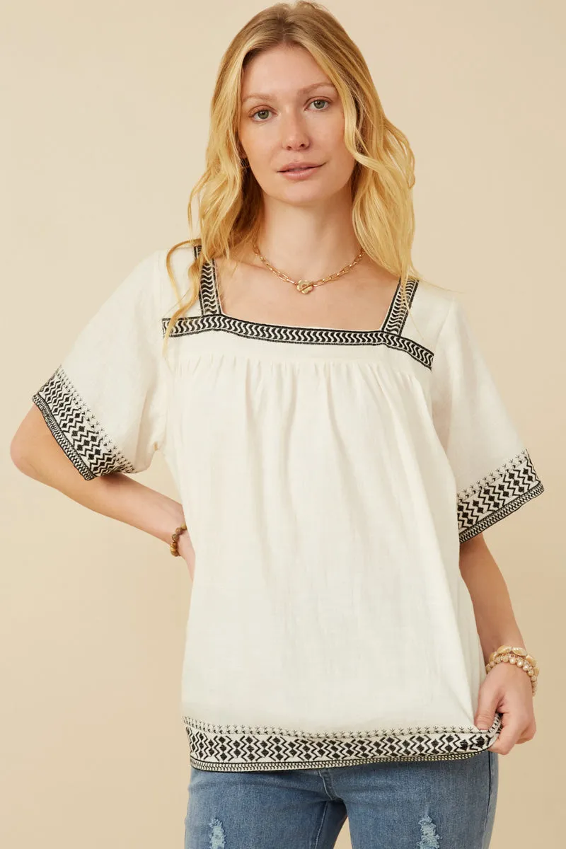 Cotton Slub Textured Embroidered Square Neck Top Fashion Statement