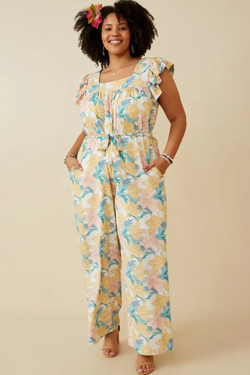 Romantic Floral Ruffle Detail Wideleg Jumpsuit Street Style Soft Flow